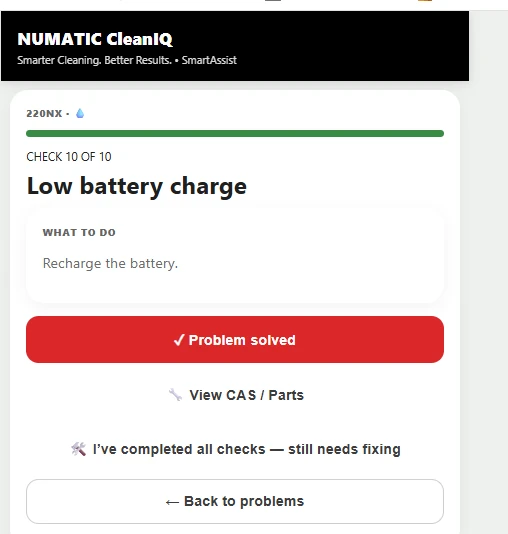 SmartAssist step showing the low battery charge check