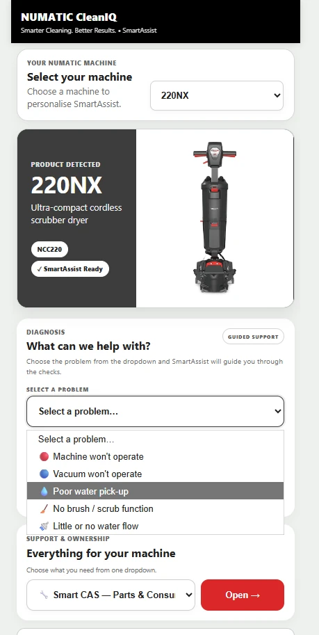 SmartAssist machine selection and problem selection screen